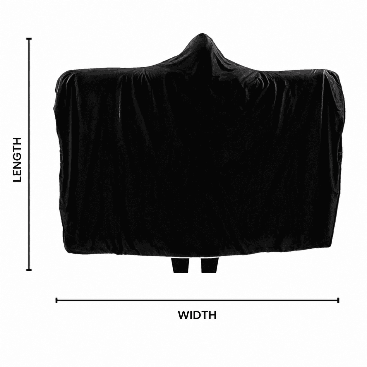 Hooded blanket measurement guide showing length and width across the product