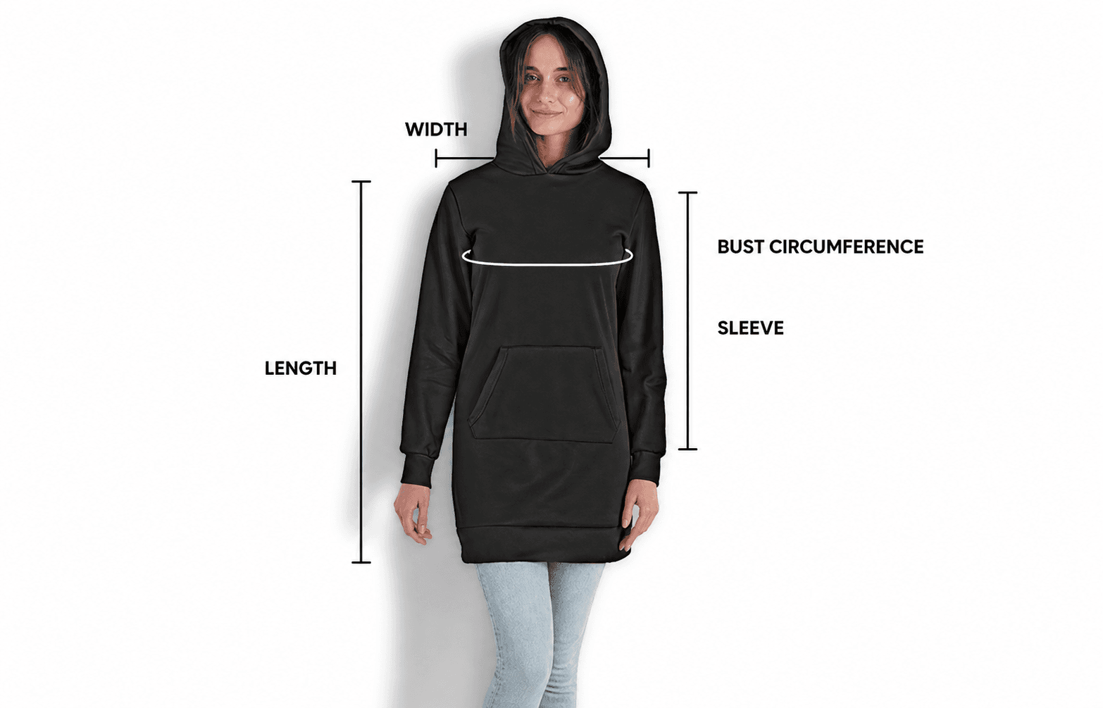 Hoodie dress measurement guide showing bust circumference, length, shoulder, and sleeve points on a model