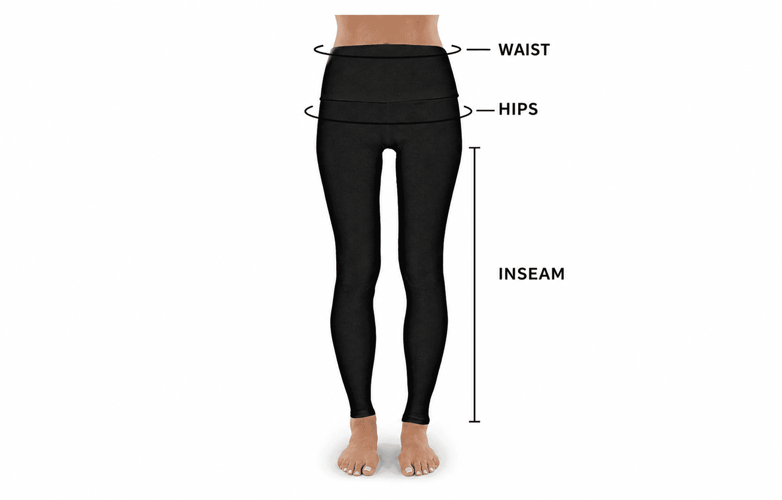 Leggings measurement guide showing waist, hips, and inseam points on a body silhouette